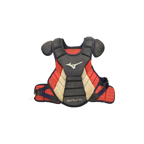 Vist Large View of Product Image Which is Used Mizuno SAMURAI YTH 14.5 INCH Catchers Leg Guards Navy Blue Youth