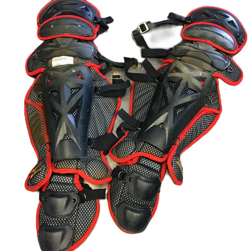 Vist Large View of Product Image Which is Used Mizuno PRO Catchers Leg Guards Navy Blue Adult