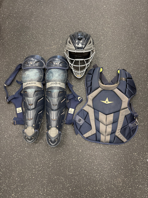 Vist Large View of Product Image Which is Used All-Star SYSTEM 7 ADULT CATCHERS SET HELMET/CP/LG Catchers Helmet w/Mask Navy Blue LG