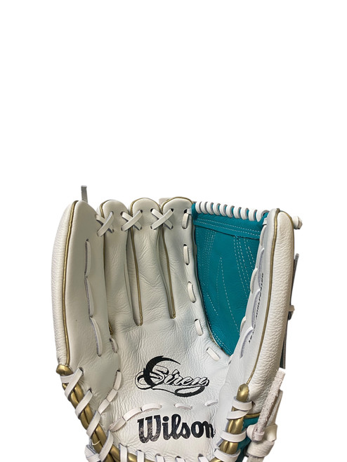 Vist Large View of Product Image Which is Used Wilson A500 SIREN LH Throw Fastpitch Gloves White 12 1/2"
