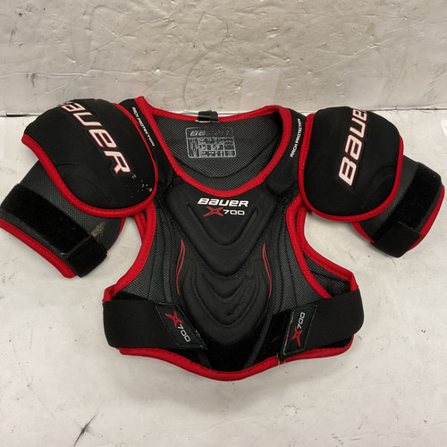 Vist Large View of Product Image Which is Used Bauer VAPOR X700 Junior Shoulder Pads Black And Red SM