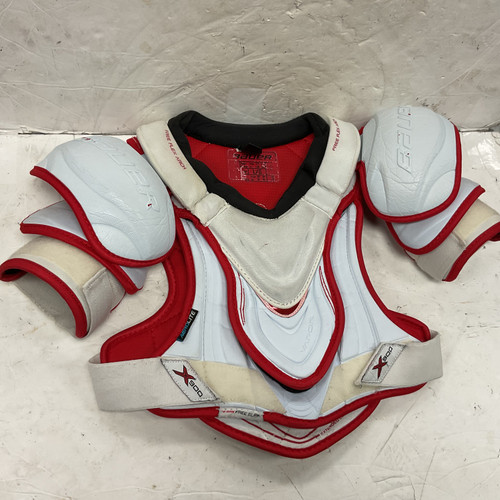 Vist Large View of Product Image Which is Used Bauer VAPOR X900 Junior Shoulder Pads White And Red LG