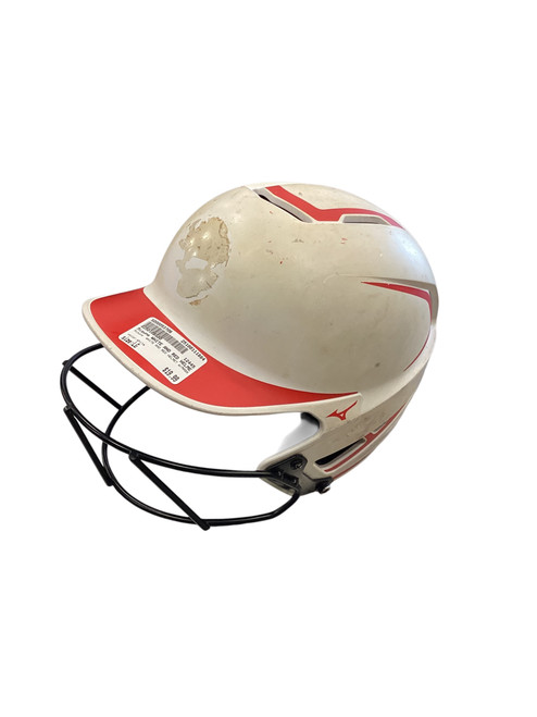 Vist Large View of Product Image Which is Used Mizuno WHITE AND RED HELMET W/MASK Batting Helmet w/Mask White LG