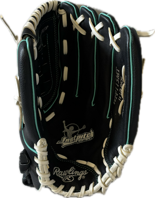 Vist Large View of Product Image Which is Used Rawlings WFP115MT RH Throw Fastpitch Gloves Black 11 1/2"