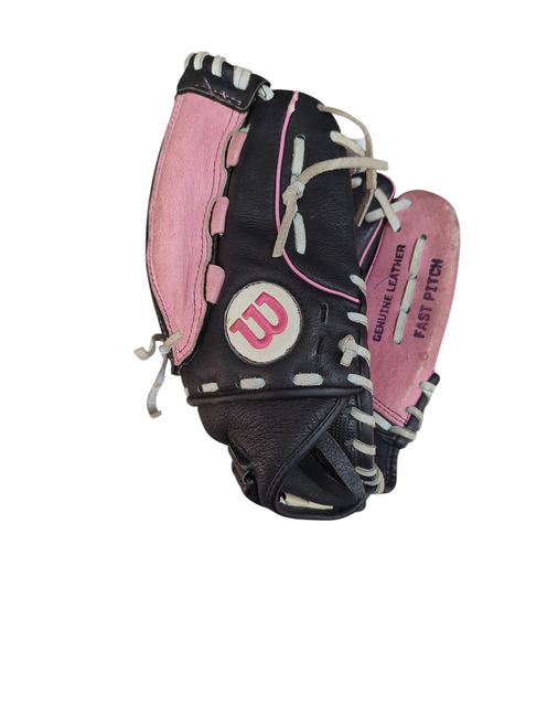 Vist Large View of Product Image Which is Used Wilson MONSTA WEB RH Throw Fastpitch Gloves Pink 11"
