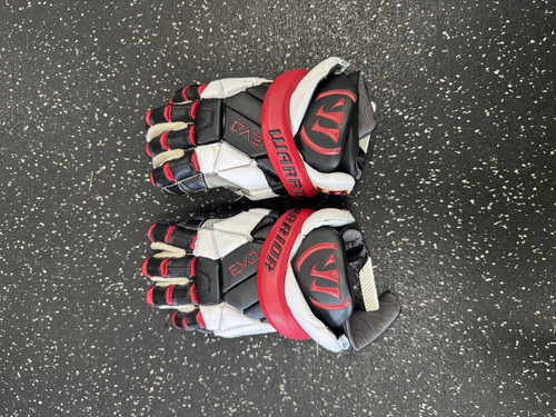 Vist Large View of Product Image Which is Used Warrior EXO QX TEAM 91 Lacrosse Gloves Junior White/Black/Red MD
