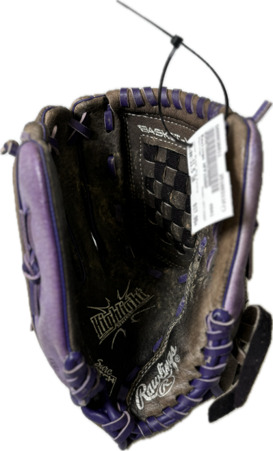 Vist Large View of Product Image Which is Used Rawlings HFP150BP BB/SB Glove LH Throw Black And Purple 11 1/2"