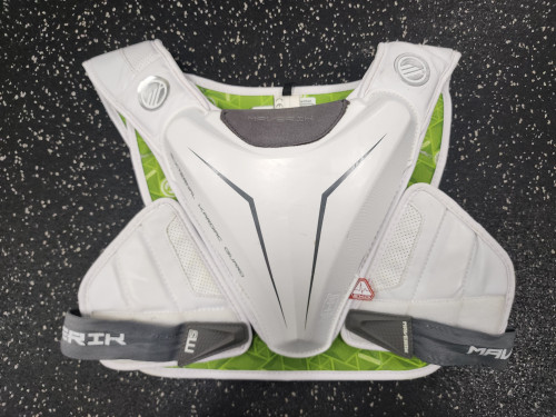Vist Large View of Product Image Which is Used Maverik CHARGER EKG Lacrosse Shoulder Pads White LG