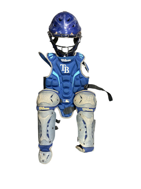 Vist Large View of Product Image Which is Used Wilson 6-9 TAMPA BAY RAYS SET Catchers Helmet w/Mask Navy Blue One Size