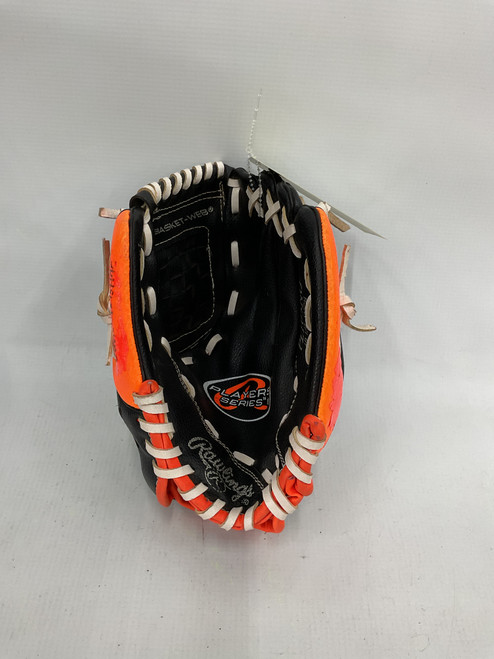 Vist Large View of Product Image Which is Used Rawlings PL105NO BB/SB Glove RH Throw Black And Orange 10 1/2"