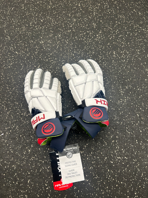 Vist Large View of Product Image Which is Used Maverik MAX CANNONS Lacrosse Gloves Mens White 13"