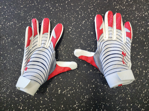 Vist Large View of Product Image Which is Used Under Armour BLUR FB Gloves Red And White XL
