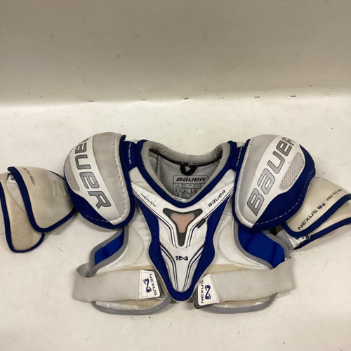 Vist Large View of Product Image Which is Used Bauer NEXUS Junior Shoulder Pads Clear And Royal Blue LG