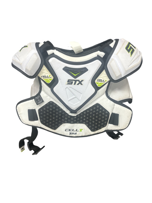 Vist Large View of Product Image Which is Used STX CELL V Lacrosse Shoulder Pads White LG