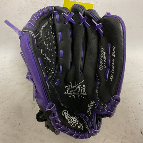 Vist Large View of Product Image Which is Used Rawlings Highlight Series HFP150BP RH Throw Fastpitch Gloves Black And Purple 11 1/2"