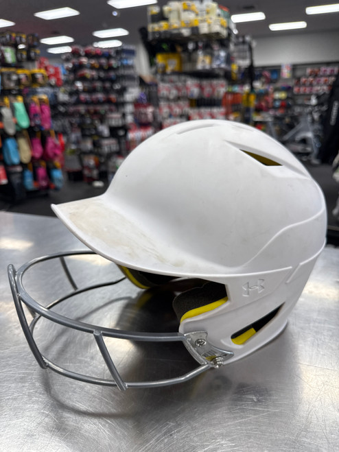 Vist Large View of Product Image Which is Used Under Armour UABH2-100 Batting Helmet w/Mask White One Size