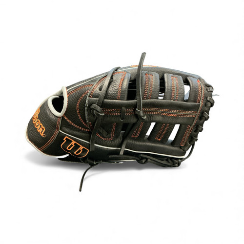 Vist Large View of Product Image Which is Used Wilson A700 BB/SB Glove RH Throw Black/Orange/Grey 12 1/2"