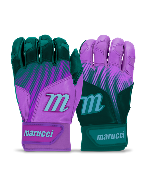 Vist Large View of Product Image Which is New Marucci PWR FADE BB/SB Batting Gloves Teal/Purple Adult MD