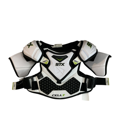 Vist Large View of Product Image Which is Used STX CELL V Lacrosse Shoulder Pads White SM