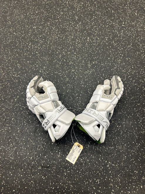 Vist Large View of Product Image Which is Used Maverik MAX Lacrosse Gloves Mens White 14"