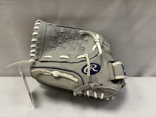 Vist Large View of Product Image Which is Used Rawlings SCSB12PU LH Throw Fastpitch Gloves Grey 12"