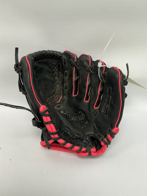 Vist Large View of Product Image Which is Used Wilson FLASH RH Throw Fastpitch Gloves Black And Pink 11"