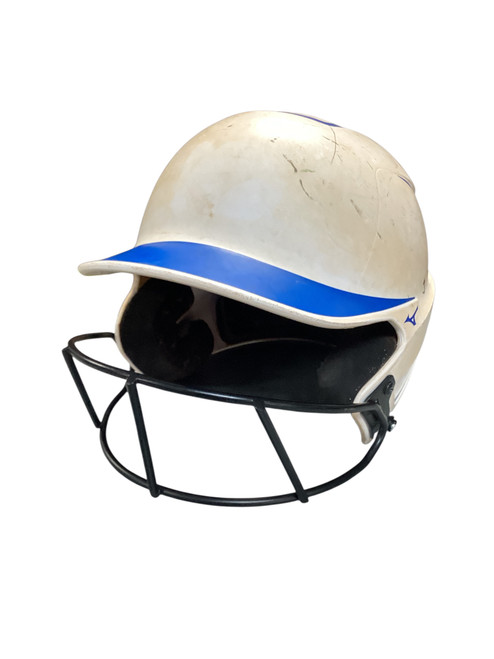 Vist Large View of Product Image Which is Used Mizuno WHITE/BLUE HELMET W CAGE Batting Helmet w/Mask White S/M