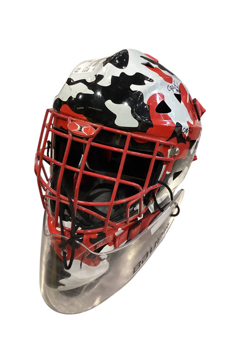 Vist Large View of Product Image Which is Used Itech GOALIE HELMET W/ THROAT GUARD Senior Goalie Helmet/Mask White MD