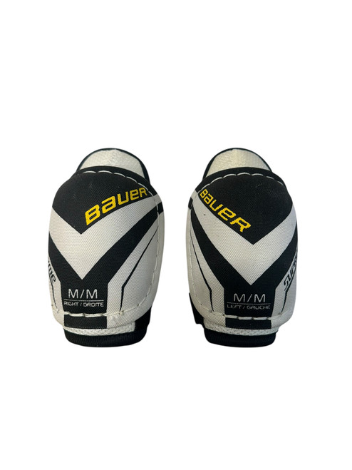 Vist Large View of Product Image Which is Used Bauer SUPREME 150 Youth Elbow Pads White/Black/Yellow MD