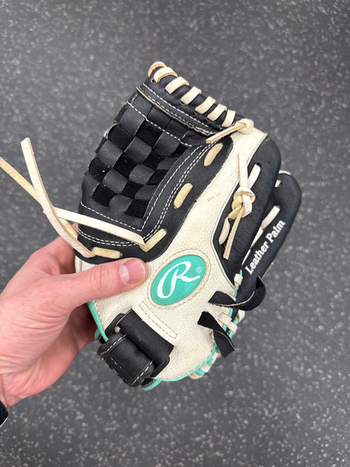 Vist Large View of Product Image Which is Used Rawlings FP110BW RH Throw Fastpitch Gloves Black 11"