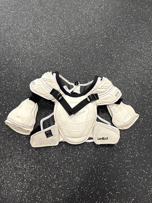 Vist Large View of Product Image Which is Used STX SHADOW NOCSAE Lacrosse Shoulder Pads White SM