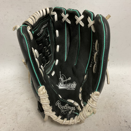 Vist Large View of Product Image Which is Used Rawlings WFP115MT RH Throw Fastpitch Gloves Black And Sky Blue 11 1/2"