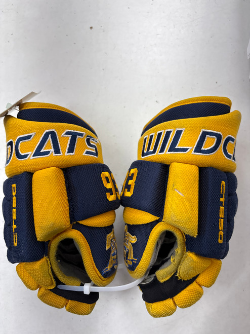 Vist Large View of Product Image Which is Used Fischer CT850 WILDCATS Junior Gloves Navy Blue And Yellow 11" #93 on them