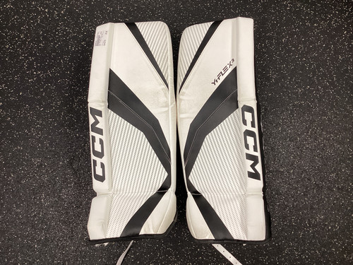 Vist Large View of Product Image Which is Used CCM YT FLEX 3 Goalie Leg Pads Youth White 26"