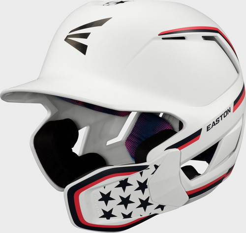 Vist Large View of Product Image Which is New Easton Z50 Matte M/L Red White and Blue Batting Helmet w/ Jaw Guard