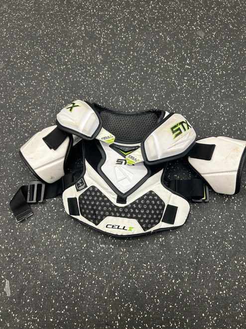 Vist Large View of Product Image Which is Used STX CELL V Lacrosse Shoulder Pads White XS