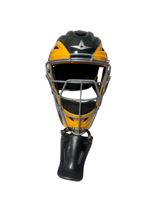 Vist Large View of Product Image Which is Used All-Star System 7 Axis MVP 2510-1 6 1/4 - 7 Junior Baseball Catchers Helmet w/Mask Green And Gold mfg 10/2020