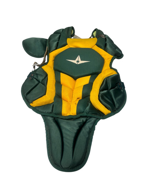 Vist Large View of Product Image Which is Used All-Star SYSTEM 7 AXIS CPCC912S7X Junior Baseball NOCSAE Catchers Chest Protector Green And Gold Age 9-12