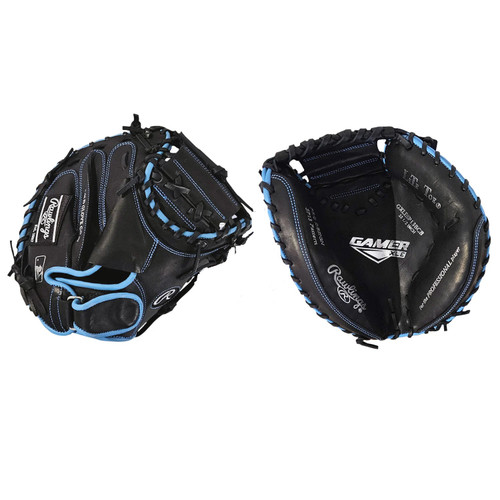 Vist Large View of Product Image Which is New RAWLINGS GAMER XLE CATCHERS MITT 32.5 BLACK/CAROLINA BLUE RHT