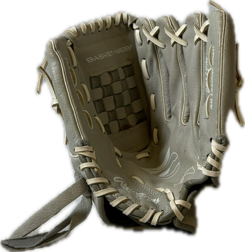Vist Large View of Product Image Which is Used Rawlings SCSB110M RH Throw Fastpitch Gloves Grey 11"