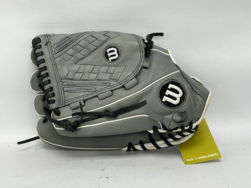 Vist Large View of Product Image Which is Used Wilson A500 SIREN LH Throw Fastpitch Gloves Grey 12 1/2"
