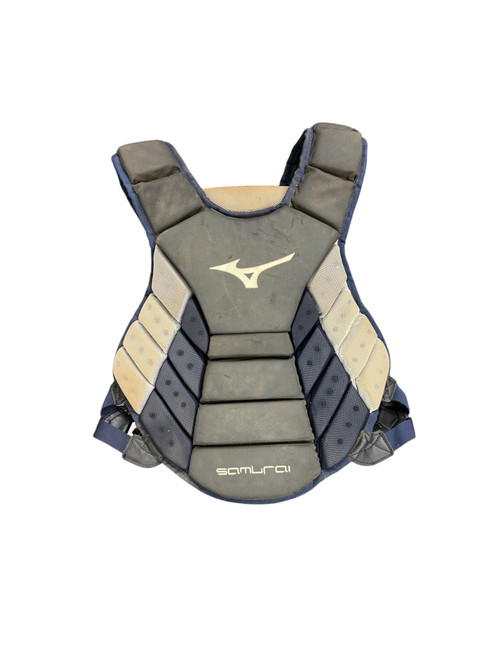 Vist Large View of Product Image Which is Used Mizuno SAMURAI ADULT 16IN Catchers Chest Protector Navy Blue Adult