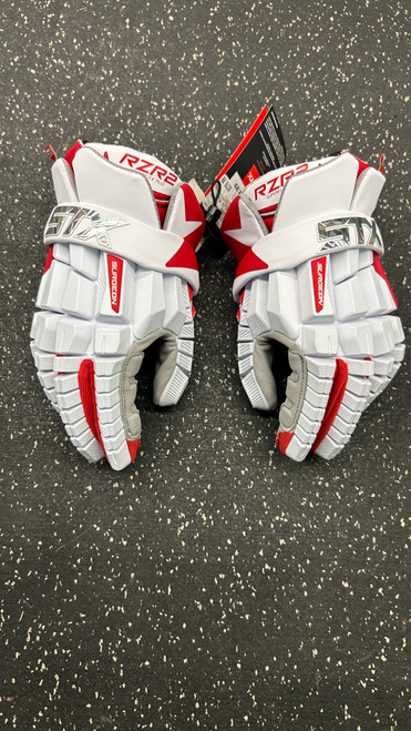 Vist Large View of Product Image Which is Used STX RZR2 SUPERFLEX PLUS Lacrosse Gloves Mens Red And White MD