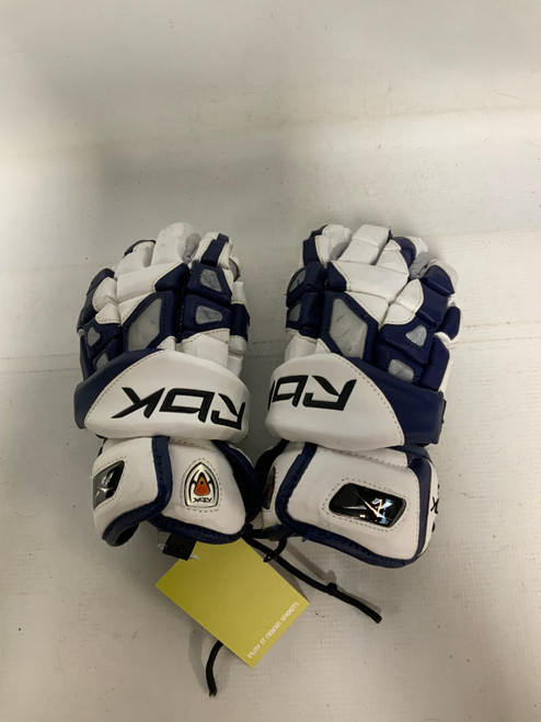 Vist Large View of Product Image Which is Used Reebok 7K Lacrosse Gloves Mens White And Navy Blue 12"