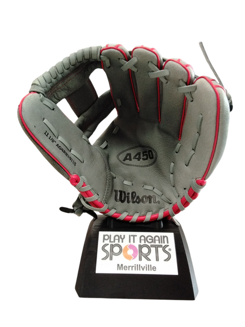 Used Wilson A450 BB/SB Glove RH Throw Grey 11 1/2" 11866-S000030173 Vist Large View of Product Image Which is Used Wilson A450 BB/SB Glove RH Throw Grey 11 1/2"