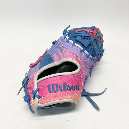 Used Wilson A2000 1612 BB/SB First Base RH Throw Carolina Blue And Pink 12" 11805-S000069797 Vist Large View of Product Image Which is Used Wilson A2000 1612 BB/SB First Base RH Throw Carolina Blue And Pink 12"