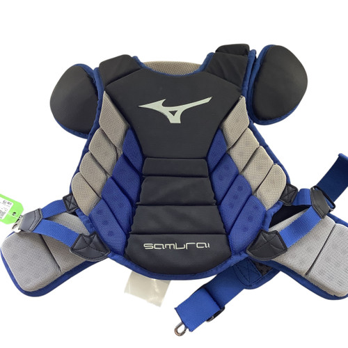 Vist Large View of Product Image Which is Used Mizuno SAMURAI YTH Catchers Chest Protector Black And Royal Blue Youth