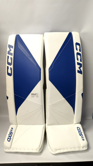 Vist Large View of Product Image Which is Used CCM AXIS 2.9 +2 LEG PADS Goalie Leg Pads Senior White And Royal Blue 35"