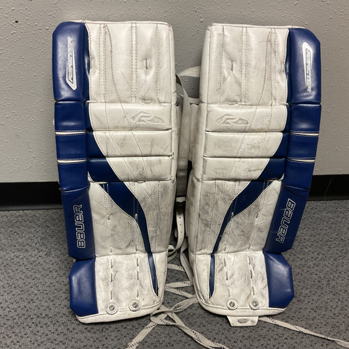 Vist Large View of Product Image Which is Used Bauer REACTOR 2000 Goalie Leg Pads Junior Navy And White 26"
