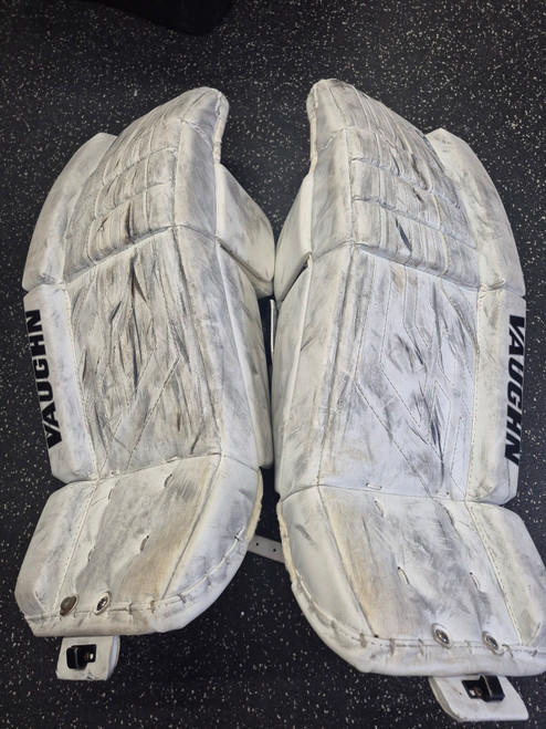 Vist Large View of Product Image Which is Used Vaughn VELOCITY VE8 JR Goalie Leg Pads Youth White 24"